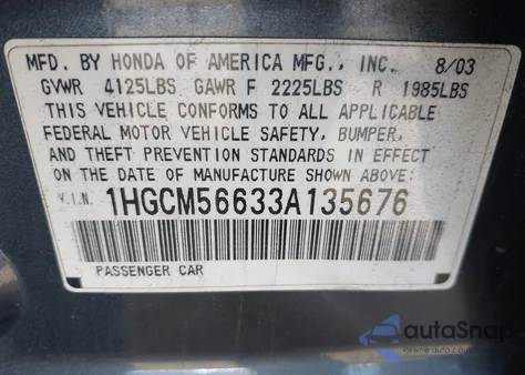 2003 Honda Accord 2.4 Ex из США, поврежденный, VIN 1HGCM56633A135676